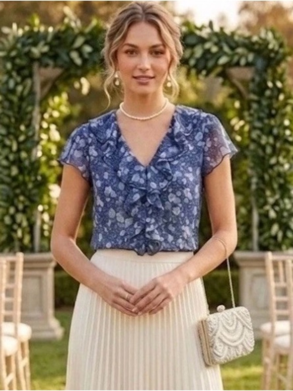 NWT Oscar de la Renta Women’s Blue Silk Floral Ruffle Blouse